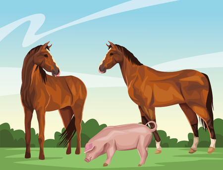 horse and pig icon cartoon wild landscape vector illustration graphic designのイラスト素材