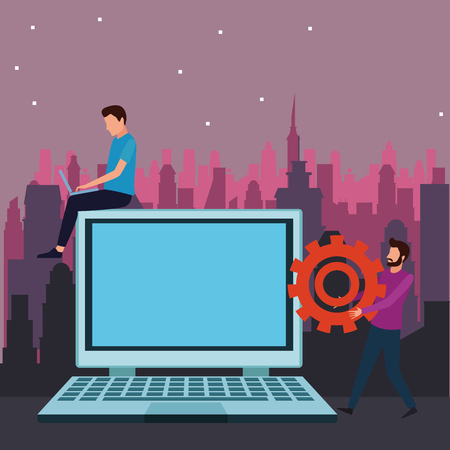 Coworkers men with laptop and gear teamwork cartoon over cityscape at night scenery vector illustration graphic designのイラスト素材