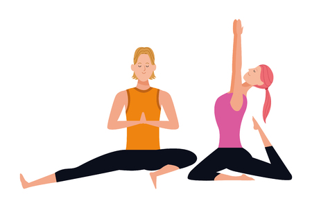 couple yoga poses avatars cartoon character with ponytail vector illustration graphic designのイラスト素材