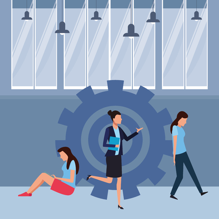 Coworkers businesswomen with clipboard and document teamwork cartoon inside workplace office vector illustration graphic designのイラスト素材