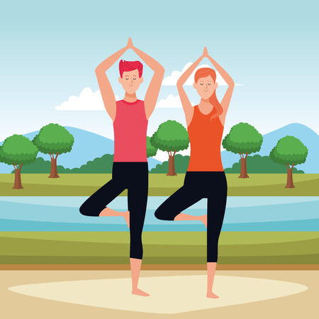 couple yoga poses avatars cartoon character in the park vector illustration graphic designのイラスト素材