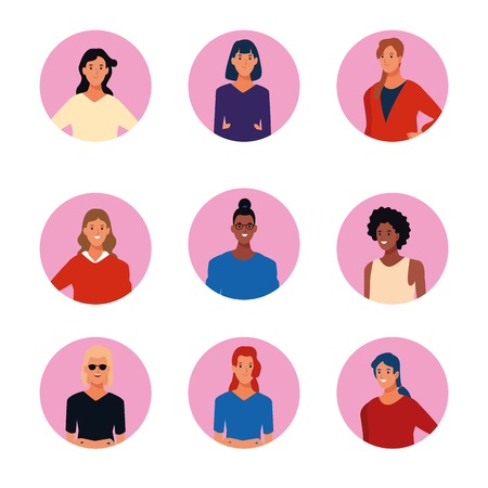young people characters round icons cartoons vector illustration graphic designのイラスト素材