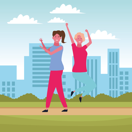 women friends smiling and having fun at city park scenery vector illustration graphic designのイラスト素材