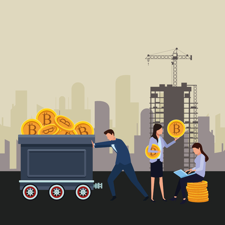 business people holding cryptocurrency bitcoin mining cart and laptop construction zone vector illustration graphic designのイラスト素材
