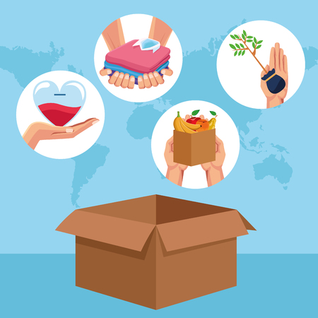 Charity and donation toys clothes money and food cartoons round icons vector illustration graphic designのイラスト素材