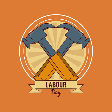 Happy labour day card with construction tool and ribbon banner vector illustration graphic designのイラスト素材