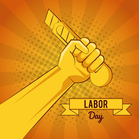 Happy labour day card with tools yellow striped background vector illustration graphic designのイラスト素材