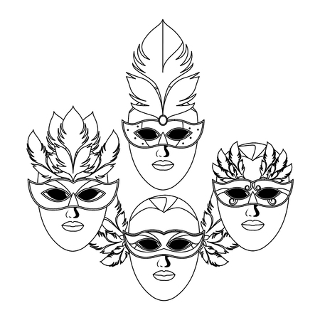 set of masks and feathers icon black and white vector illustration graphic designのイラスト素材