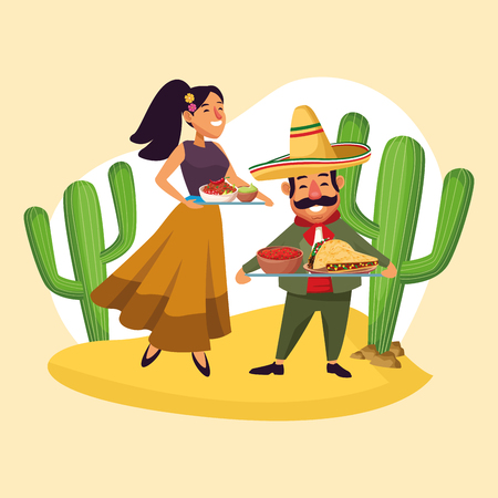 Mexicans celebrating in desert cartoons vector digital image illustrationのイラスト素材