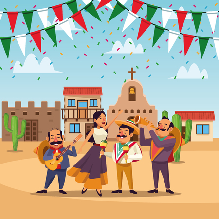 Mexicans on celebration at cinco de mayo cartoon at town vector  illustration graphic designのイラスト素材