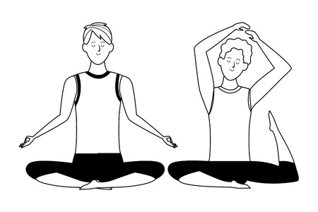 men yoga poses avatar cartoon character black and white isolated vector illustration graphic designのイラスト素材