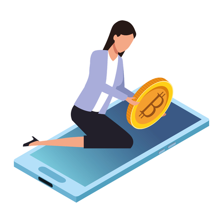 businesswoman with cryptocurrency and cellphone icon cartoon vector illustration graphic designのイラスト素材