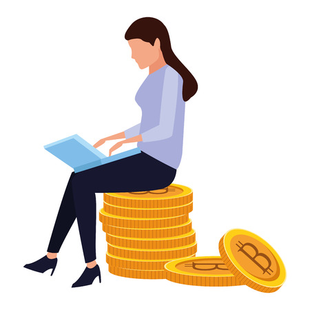 businesswoman with cryptocurrency and laptop icon cartoon vector illustration graphic designのイラスト素材