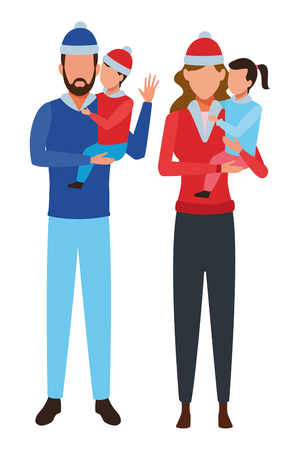 family avatars cartoon character wearing winter clothes vector illustration graphic designのイラスト素材