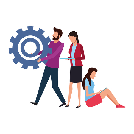 Coworkers man with gear and women with tablet teamwork cartoon vector illustration graphic designのイラスト素材