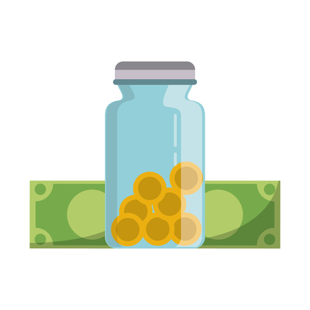 Money saving invesment market bussines jar with coins and bills vector illustration graphic desingのイラスト素材