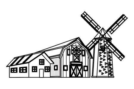 farm barn and windmill icon cartoon black and white vector illustration graphic designのイラスト素材