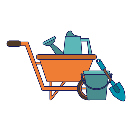 Gardening plants and tools bucket with shovel and wheelbarrow with water canのイラスト素材