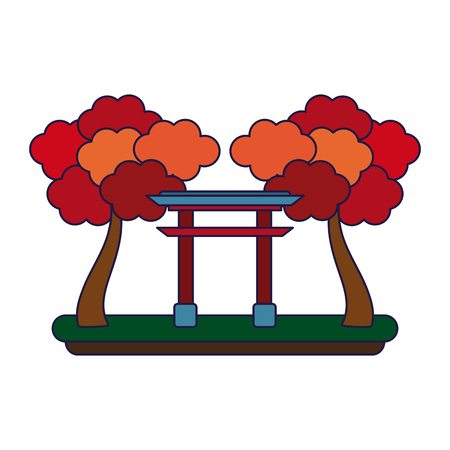 Japanese gate with trees cartoon isolated vector illustration graphic designのイラスト素材