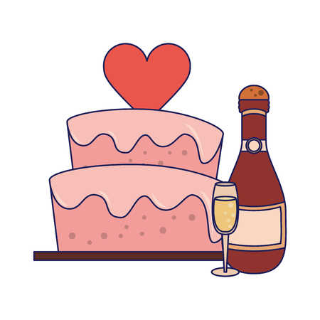 Wedding cake with chamapgne bottle and cup cartoon vector illustration graphic designのイラスト素材