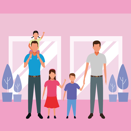men with children avatar cartoon character indoor house vector illustration graphic designのイラスト素材