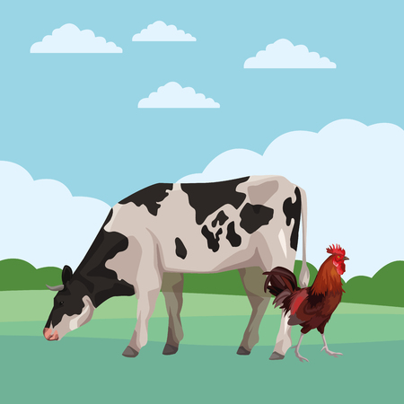 cow and rooster icon cartoon rural landscape vector illustration graphic designのイラスト素材