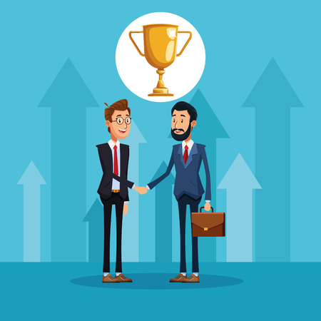 Businessmen talking about business with trophy in bubble speech cartoon vector illustration graphic designのイラスト素材