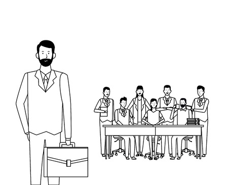 people in office desk with computer books and documents black and white vector illustration graphic designのイラスト素材
