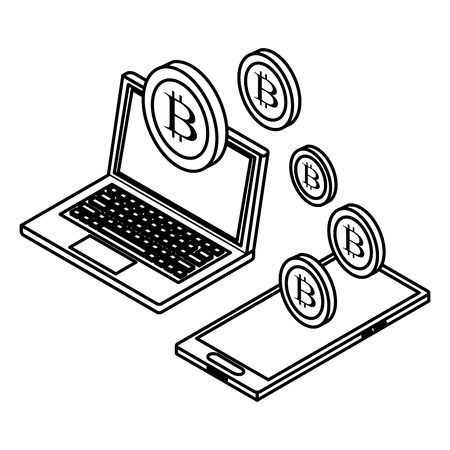 laptop and cellphone with cryptocurrency icon cartoon black and white vector illustration graphic designのイラスト素材