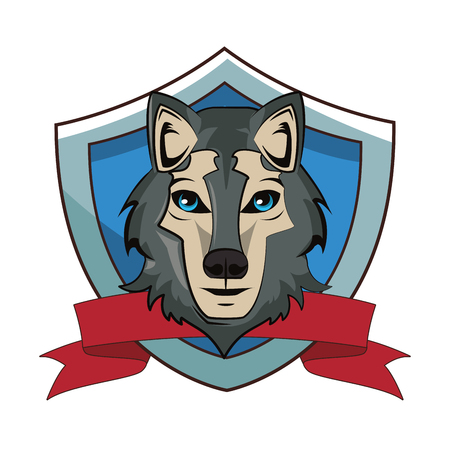 Wolf face cool sketch on badge with blank ribbon banner vector illustration graphic designのイラスト素材