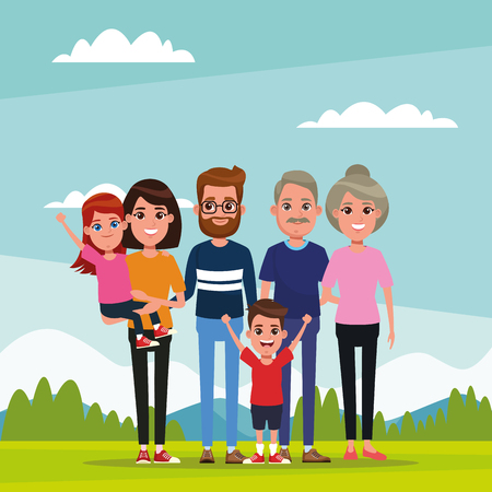 Family with at nature park outdoors kids cartoon vector illustration graphic designのイラスト素材