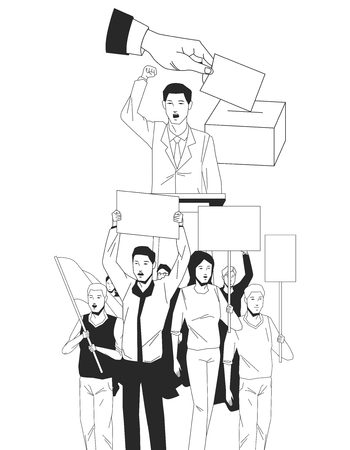 man making a speech and audience with signboard and voting avatar cartoon character vector illustration graphic designのイラスト素材