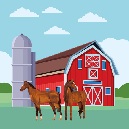 barn and horses icon cartoon rural landscape vector illustration graphic designのイラスト素材