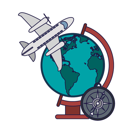 Vacations and travel airplane jet and world globe with compass vector illustration graphic design vector illustration graphic designのイラスト素材