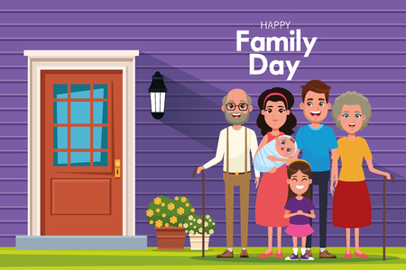 Happy family day outdoors from home scenery cartoons vector illustration graphic designのイラスト素材