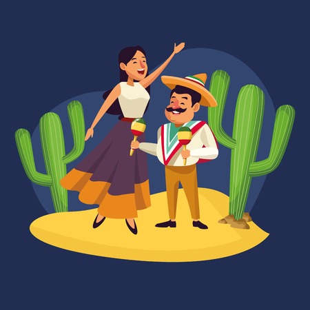 Mexicans celebrating in desert cartoons vector digital image illustrationのイラスト素材