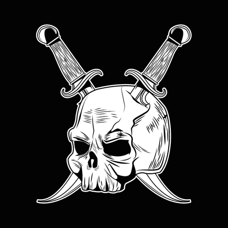 Tattoo old school skull and sword drawing black background vector illustration graphic designのイラスト素材