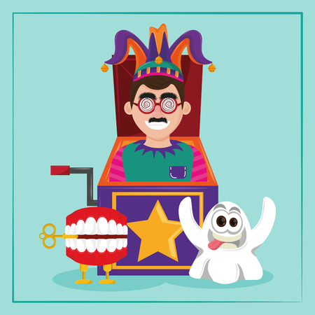 April fools day cartoon clown in surprise box with teeth and ghost vector illustration graphic designのイラスト素材