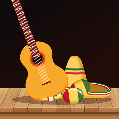 Mexican hat maracas and guitar on table cartoons vector illustration graphic designのイラスト素材