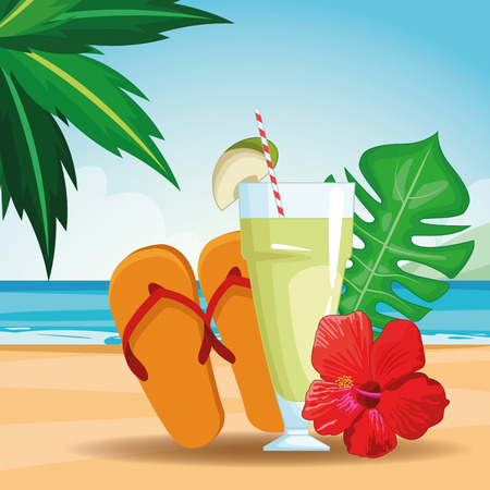 tropical drink with sandals beach landscape icon cartoon vector illustration graphic designのイラスト素材