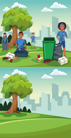 Park cleaning volunteers before and after frames cartoons vector illustration graphic designのイラスト素材