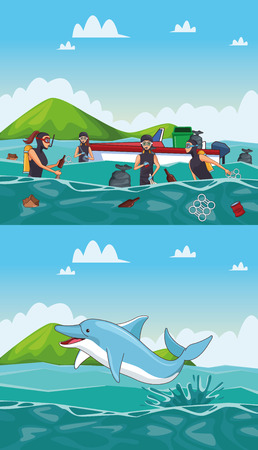 Sea cleaning volunteers bags and trash cartoons vector illustration graphic designのイラスト素材