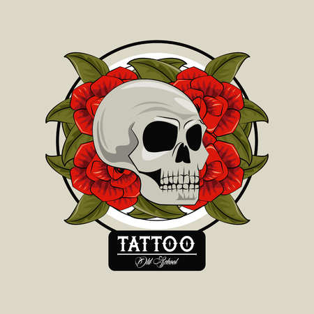 Tattoo studio old school drawings skull and roses emblem vector illustration graphic designのイラスト素材