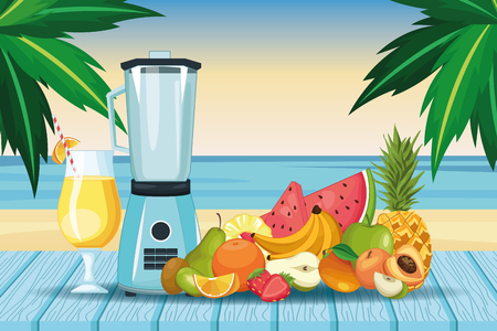 smoothies with fruit bowl and mixer beach landscape icon cartoon vector illustration graphic designのイラスト素材