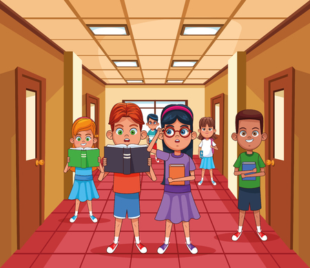 Kids in school hall with books cartoons vector illustration graphic designのイラスト素材