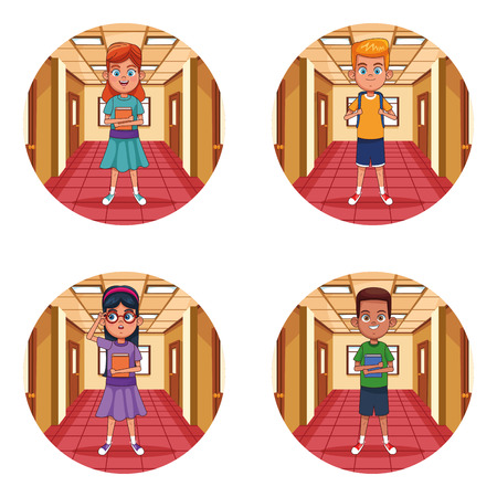 Kids in school hall with book cartoon round icon vector illustration graphic designのイラスト素材