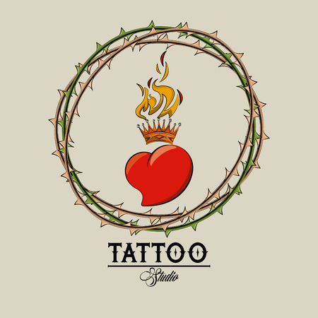 Tattoo studio old school drawings heart in flammes emblem vector illustration graphic designのイラスト素材