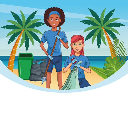 Teenagers with trash can cleaning the beach cartoon scenery vector illustration graphic designのイラスト素材