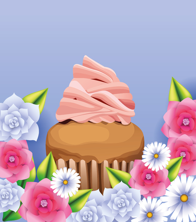 Delicious cupcake and flowers card blue background vector illustration graphic designのイラスト素材
