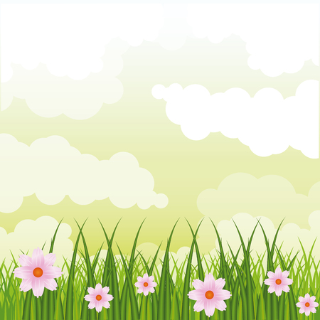 Beatiful gardenwith flowers sunny day scenery vector illustration graphic designのイラスト素材